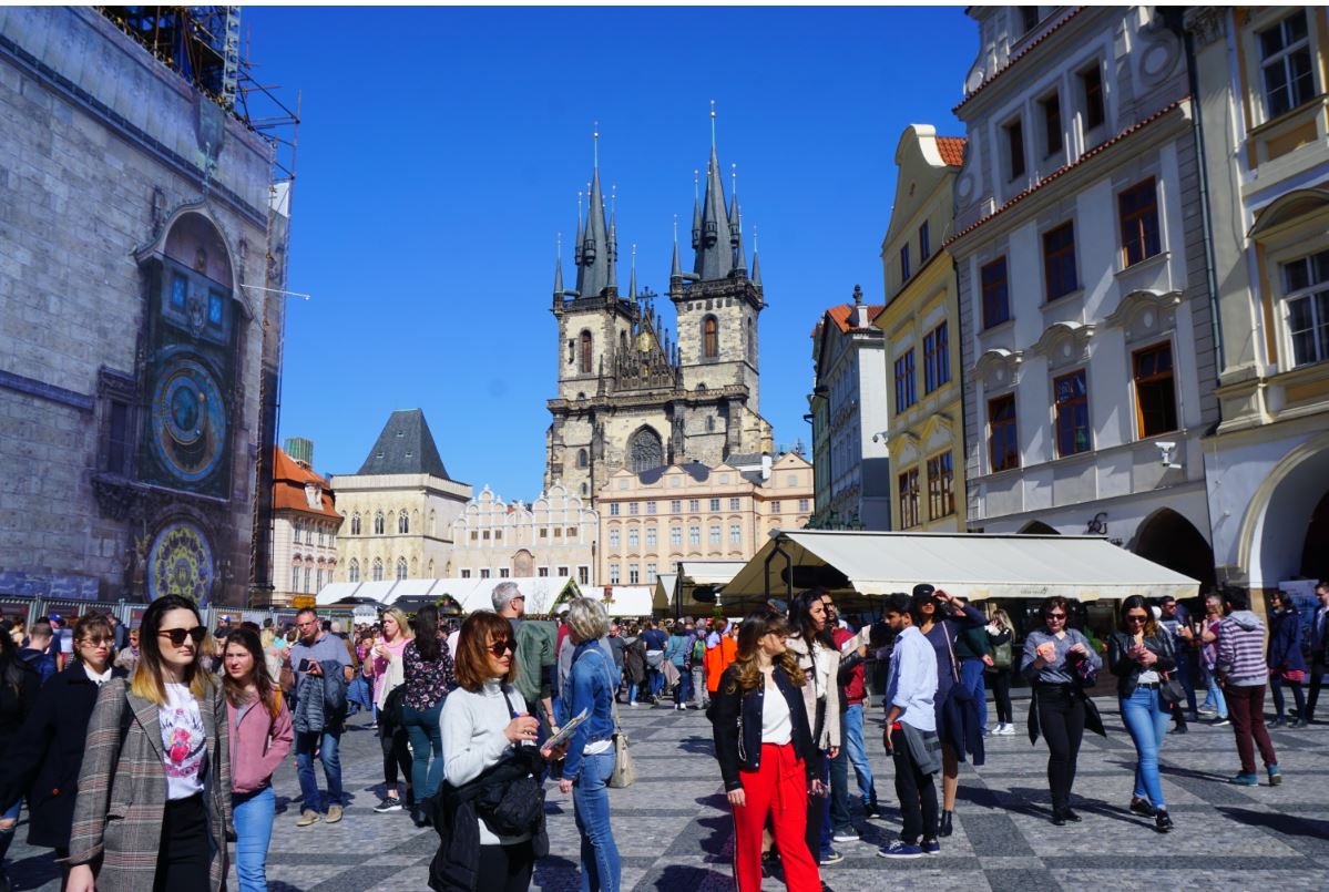 Crowded Old Town Square and the Majestic Church of Our Lady Before Týn