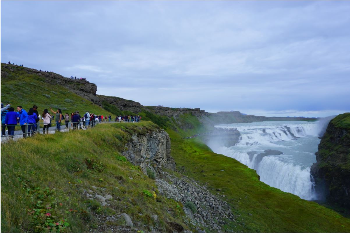 A significant number of visitors at Gullfoss waterfall