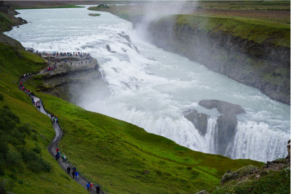 Viewing the waterfall up close at Gullfoss